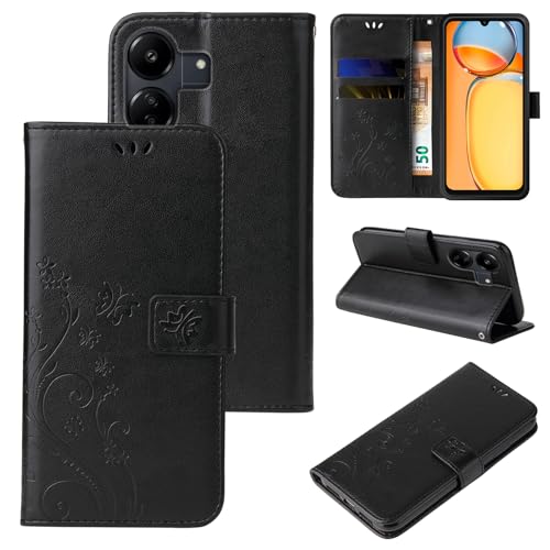 LBH Handy Hülle für Xiaomi Redmi 13C Case Handytasche Schmetterling Blumen Flower Standfunktion Schutzhülle Magnet Rundum Schutz 360 Grad Flipcase Cover Schwarz von LBH