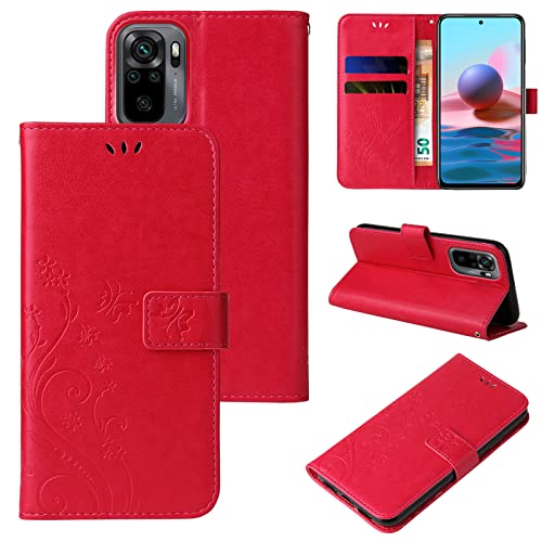LBH Handy Hülle für Xiaomi Redmi Note 10 Case Handytasche Schmetterling Blumen Flower Standfunktion Schutzhülle Magnet Rundum Schutz 360 Grad Flipcase Cover Rot von LBH