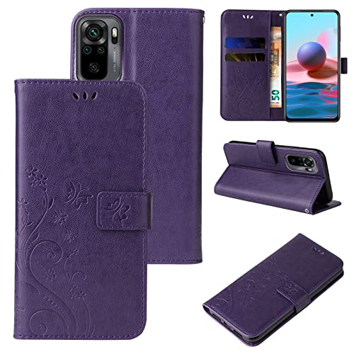 LBH Handy Hülle für Xiaomi Redmi Note 10 Case Handytasche Schmetterling Blumen Flower Standfunktion Schutzhülle Magnet Rundum Schutz 360 Grad Flipcase Cover Violett von LBH