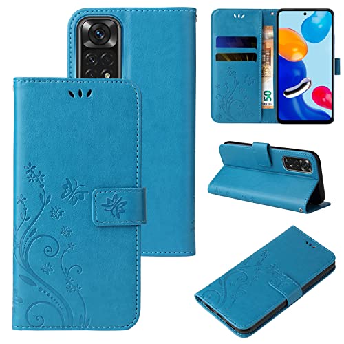 LBH Handy Hülle für Xiaomi Redmi Note 11 Case Handytasche Schmetterling Blumen Flower Standfunktion Schutzhülle Magnet Rundum Schutz 360 Grad Flipcase Cover Blau von LBH