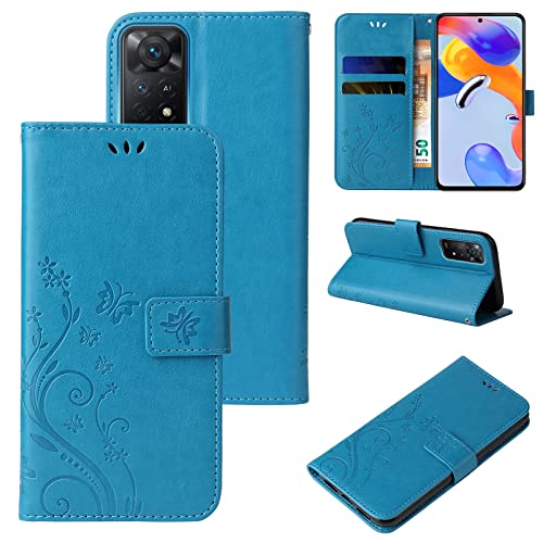 LBH Handy Hülle für Xiaomi Redmi Note 11 Pro Case Handytasche Schmetterling Blumen Flower Standfunktion Schutzhülle Magnet Rundum Schutz 360 Grad Flipcase Cover Blau von LBH