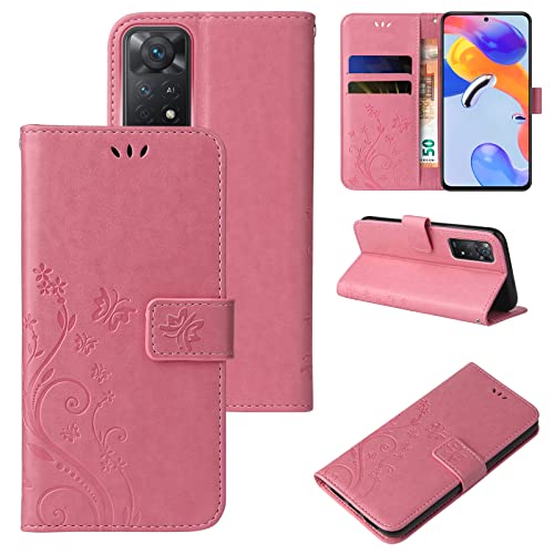 LBH Handy Hülle für Xiaomi Redmi Note 11 Pro Case Handytasche Schmetterling Blumen Flower Standfunktion Schutzhülle Magnet Rundum Schutz 360 Grad Flipcase Cover Rosegold von LBH