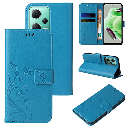 LBH Handy Hülle für Xiaomi Redmi Note 12 5G Case Handytasche Schmetterling Blumen Flower Standfunktion Schutzhülle Magnet Rundum Schutz 360 Grad Flipcase Cover Blau von LBH