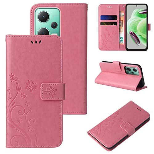 LBH Handy Hülle für Xiaomi Redmi Note 12 5G Case Handytasche Schmetterling Blumen Flower Standfunktion Schutzhülle Magnet Rundum Schutz 360 Grad Flipcase Cover Rosegold von LBH