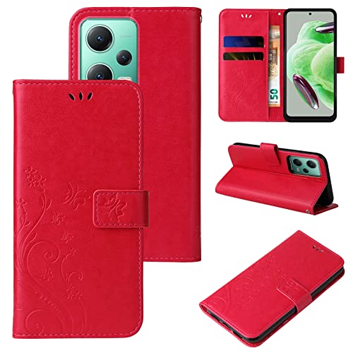 LBH Handy Hülle für Xiaomi Redmi Note 12 5G Case Handytasche Schmetterling Blumen Flower Standfunktion Schutzhülle Magnet Rundum Schutz 360 Grad Flipcase Cover Rot von LBH