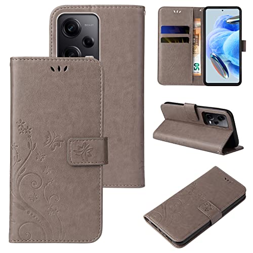 LBH Handy Hülle für Xiaomi Redmi Note 12 Pro 5G Case Handytasche Schmetterling Blumen Flower Standfunktion Schutzhülle Magnet Rundum Schutz 360 Grad Flipcase Cover Grau von LBH