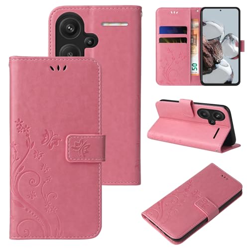 LBH Handy Hülle für Xiaomi Redmi Note 13 Pro+ 5G Case Handytasche Schmetterling Blumen Flower Standfunktion Schutzhülle Magnet Rundum Schutz 360 Grad Flipcase Cover Rosegold von LBH
