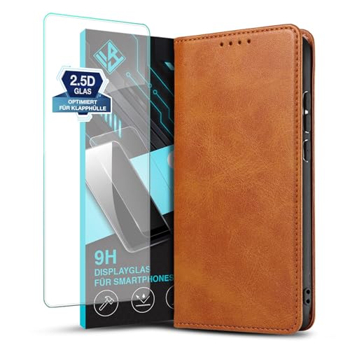LBH Handyhülle Smartphone-Hülle für Samsung Galaxy A33 5G mit 9H Displayglas Klapphülle Magnetverschluss Kartenfächer Geldfach Standfunktion Case Etui Rundumschutz Schutzhülle Hellbraun von LBH
