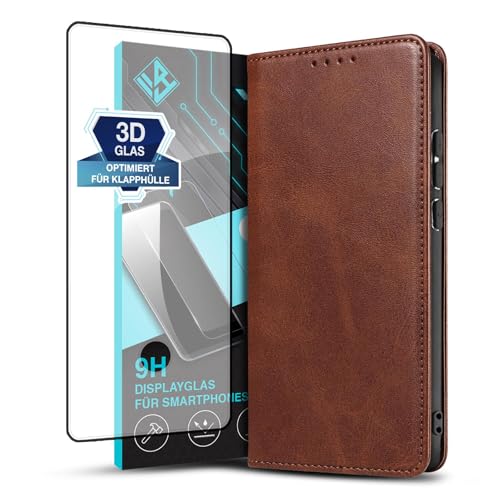 LBH Handyhülle Smartphone-Hülle für Samsung Galaxy S23 Ultra mit 9H Displayglas Klapphülle Magnetverschluss Kartenfächer Geldfach Standfunktion Case Etui Rundumschutz Schutzhülle Dunkelbraun von LBH