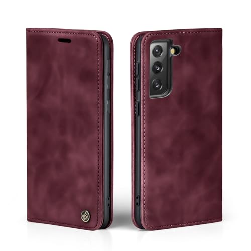 LBH Handyhülle für Samsung Galaxy S21 5G in Weinrot mit Karten- und Geldfach Smartphone Hülle mit Standfunktion Flip Case Schutzhülle Magnetverschluss Vintage von LBH