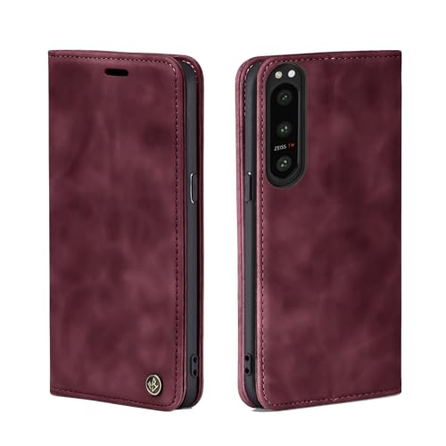 LBH Handyhülle für Sony Xperia 5 IV in Weinrot mit Karten- und Geldfach Smartphone Hülle mit Standfunktion Flip Case Schutzhülle Magnetverschluss Vintage von LBH