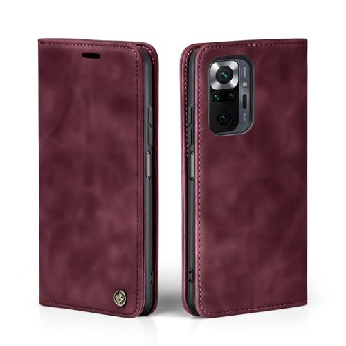 LBH Handyhülle für Xiaomi Redmi Note 10 Pro in Weinrot mit Karten- und Geldfach Smartphone Hülle mit Standfunktion Flip Case Schutzhülle Magnetverschluss Vintage von LBH