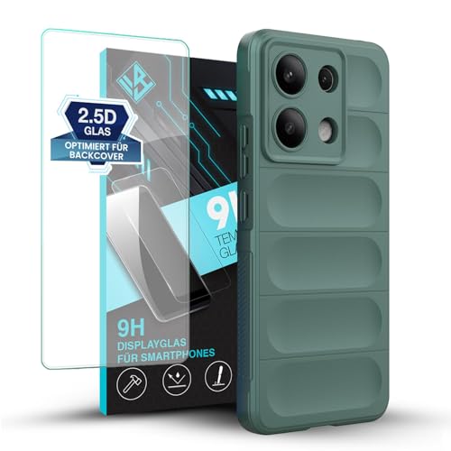 LBH Handyhülle für Xiaomi Redmi Note 13 mit 9H Displayglas Schutzhülle Case Cover Bumper Anti-Schock Stoßabsorbierende Hülle Robust Stoßfest Kratzfest rutschfest GripLine Grün von LBH