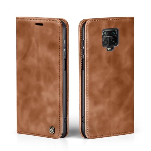 LBH Handyhülle für Xiaomi Redmi Note 9 Pro in Hellbraun mit Karten- und Geldfach Smartphone Hülle mit Standfunktion Flip Case Schutzhülle Magnetverschluss Vintage von LBH