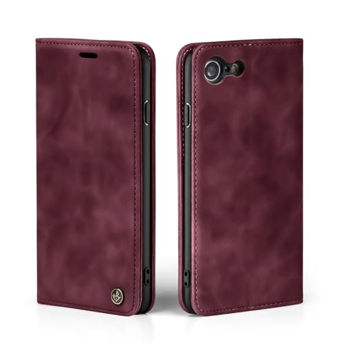 LBH Handyhülle für iPhone 7/8 / SE (2020) in Weinrot mit Karten- und Geldfach Smartphone Hülle mit Standfunktion Flip Case Schutzhülle Magnetverschluss Vintage von LBH