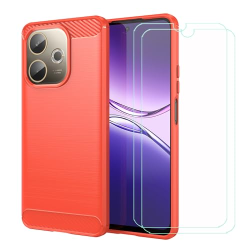 LCEHTOGYE 2 Stück Displayschutz für Oppo A5 Pro 5G International Edition + Kohlefaser Hülle, Handyhülle Schutzhülle Cover TPU Case Handytasche - Gehärtetes Folie Schutzfolie (6,7")-MFLS - Rot von LCEHTOGYE