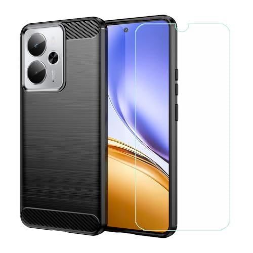 LCEHTOGYE Displayschutz für Realme P3 5G + Kohlefaser Hülle, Handyhülle Schutzhülle Cover TPU Case Handytasche - Gehärtetes Folie Schutzfolie (6,67")-MFLS - Schwarz von LCEHTOGYE