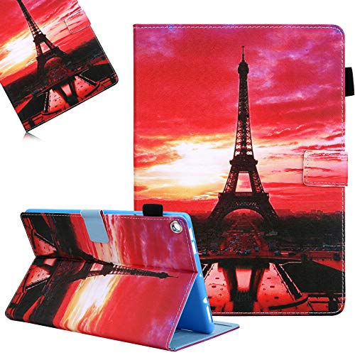 Hülle für Amazon Fire HD 10 Tablet (9. Generation 2019 & 7. Gen 2017), LCHDA Gemalt PU Ledertasche Leicht Smart Cover Folio Klapp Ständer Magnetisch Schutzhülle mit Auto Schlaf/Wachen - Eisenturm von LCHDA