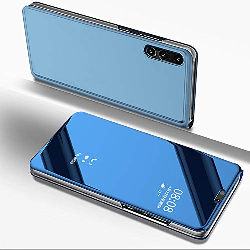 LCHDA Huawei P20 Spiegel Ledertasche Hülle klapphülle Blau Brieftasche Schutzhülle Handyhülle Durchsichtig Clear View Flip Mirror Case Stoßdämpfend Standfunktion Magnetverschluß Handytasche von LCHDA