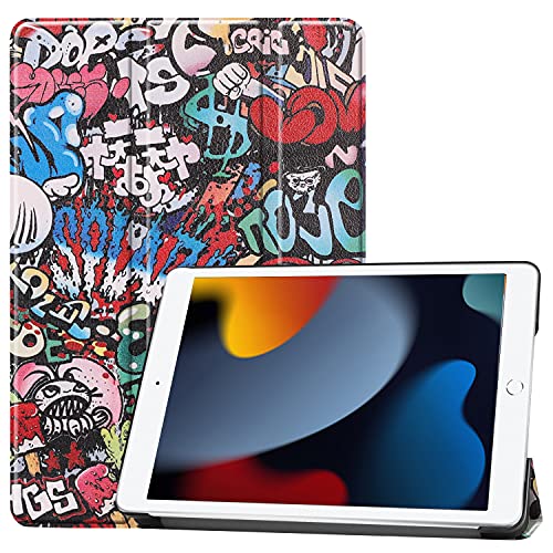 LCHDA Hülle für iPad 9. Generation 2021 (10,2 Zoll), Ultra Dünn Leicht Schön PU Ledertasche Smart Cover Magnetisch Dreifachfaltung Klapp Ständer Schutzhülle mit Auto Schlafen/Wachen - Graffiti von LCHDA