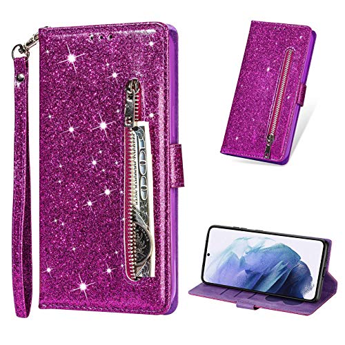 LCHDA Klapphülle für Samsung Galaxy A12, Bling Glitzer Funkeln PU Leder Reißverschluss Tasche Flip Ständer Magnetisch Geldbörse Damen Holster Handyhülle mit Kartenfächern & Armband - Violett von LCHDA