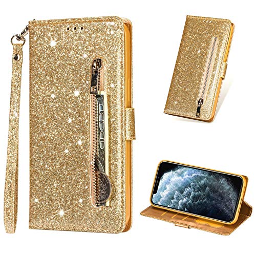 LCHDA Klapphülle für iPhone 12 / iPhone 12 Pro 6,1 Zoll, Bling Glitzer PU Leder Reißverschluss Tasche Flip Ständer Magnetisch Geldbörse Damen Holster Handyhülle mit Kartenfächern & Armband - Gold von LCHDA