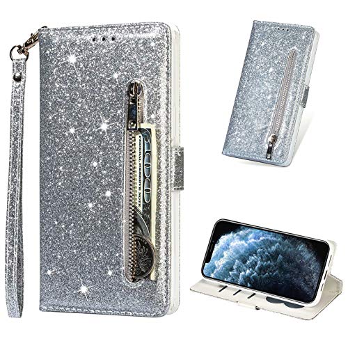 LCHDA Klapphülle für iPhone 12 / iPhone 12 Pro 6,1 Zoll, Bling Glitzer PU Leder Reißverschluss Tasche Flip Ständer Magnetisch Geldbörse Damen Holster Handyhülle mit Kartenfächern & Armband - Silber von LCHDA