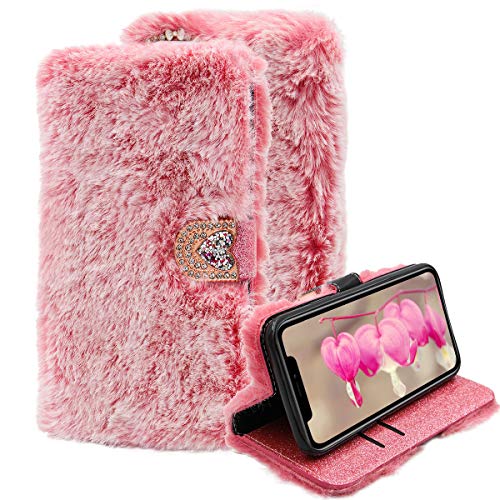 LCHDA Kompatibel mit Samsung Galaxy A51 Plüsch Hülle, Falsch Kaninchenfell PU Leder Tasche Flip Ständer Geldbörse Winter Wärm Flauschige Pelzig Brieftasche Schutzhülle für Damen - Rosa von LCHDA