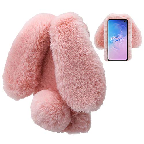 LCHDA Plüsch Hülle für Samsung Galaxy S10e Künstlicher Haar Flauschige Kaninchen Handyhülle Mädchen Süße Hasen Ohren Fell Niedlich Handytasche Stoßfest Schützend TPU Silikonhülle - Rosa von LCHDA