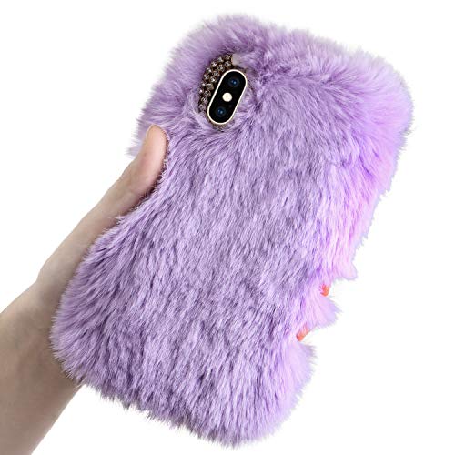 LCHDA Plüsch Hülle für iPhone 13 6,1 Zoll Flauschige Hasen Fell Handyhülle Warm Weich Kaninchen Pelz Niedlich Hase Mädchen Süße Stoßfest Schützend TPU Silikon Handytasche - Violett von LCHDA