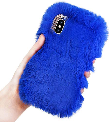 LCHDA Plüsch Hülle für iPhone 16 Pro 6.3" Flauschige Hasen Fell Handyhülle Mädchen Süße Winter Warm Weich Kaninchen Pelz Niedlich Hase Handytasche Schützend TPU Silikonhülle - Blau von LCHDA