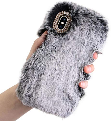 LCHDA Plüsch Hülle für iPhone SE 2. Generation 2020/iPhone 8/iPhone 7(4.7") Niedlich Flauschige Künstlich Kaninchen Haar Süße Winter Warm Weich Hase Pelz Handytasche Stoßfest TPU Schutzhülle - Grau von LCHDA
