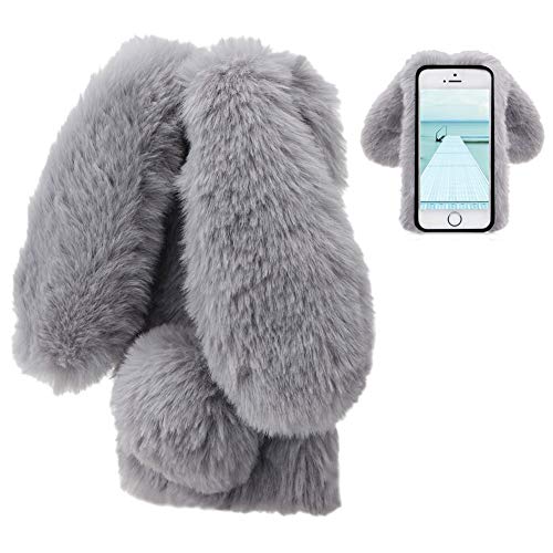 LCHDA Schutzhülle für iPhone 7, 8, Kaninchen, Plüsch, Grau, niedlich, Kawaii, 3D, Hase, Ohr, Schutzhülle, Winter, warm, weich, Silikon, TPU, stoßfest, staubdicht, bruchsicher, Schutzhülle von LCHDA