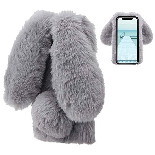 LCHDA Schutzhülle für iPhone X XS, Kaninchen, Plüsch, Grau, niedlich, Kawaii, 3D, Hase, Ohr, Schutzhülle, Winter, warm, weich, Silikon, TPU, stoßfest, staubdicht, bruchsicher, Schutzhülle von LCHDA