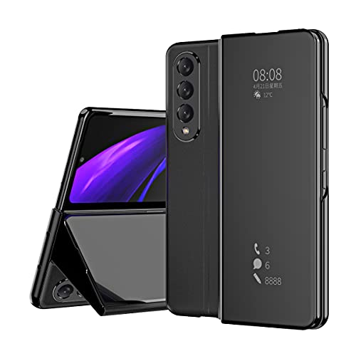 LCHDA Spiegel Hülle für Samsung Galaxy Z Fold 3 5G, Flip Leder Handytasche Intelligent Brieftasche Klapphülle Transluzent View Mirror Überzug Harter PC Cover Standfunktion Schutzhülle - Schwarz von LCHDA