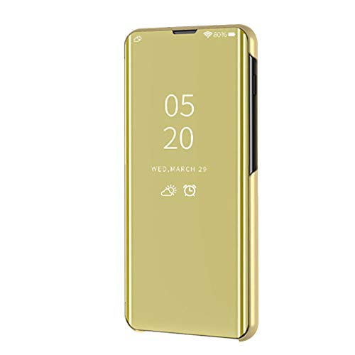 LCHDA Spiegel Hülle für iPhone 12 / iPhone 12 Pro 6,1 Zoll, Flip Leder Handytasche Intelligent Brieftasche Klapphülle Transluzent View Mirror Überzug Harter PC Cover Standfunktion Schutzhülle - Gold von LCHDA