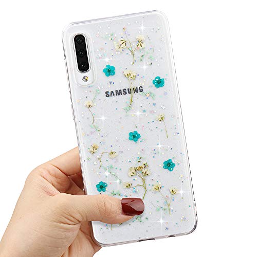 LCHULLE Hülle Kompatibel mit Samsung Galaxy A10 Handyhülle Blumen Transparent Hülle Echt Getrocknete Blumen Schutzhülle Silikon Case Flower für Samsung A10 Grün von LCHULLE