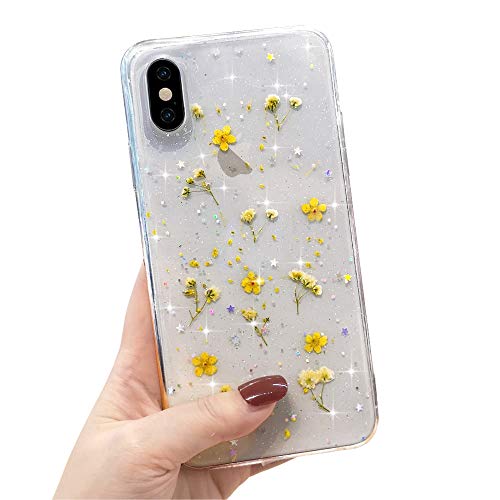 LCHULLE Hülle Kompatibel mit iPhone Xr Handyhülle Blumen Transparent Hülle Echt Getrocknete Blumen Schutzhülle Silikon Case Flower für iPhone Xr Gelb von LCHULLE