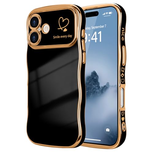 LCHULLE Kompatibel mit iPhone 16 Plus Hülle Liebesherz Mädchen Handyhülle Wellen Lockige Form mit erhoben Kameraschutz Luxus Galvanisierte Schutzhülle Girls Case für iPhone 16 Plus Schwarz von LCHULLE