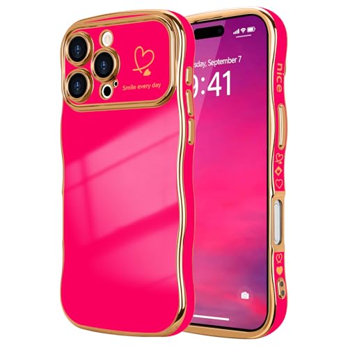 LCHULLE Kompatibel mit iPhone 16 Pro Hülle Liebesherz Mädchen Handyhülle Wellen Lockige Form mit erhoben Kameraschutz Luxus Galvanisierte Schutzhülle Girls Case für iPhone 16 Pro Rosarot von LCHULLE