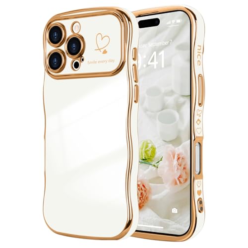 LCHULLE Kompatibel mit iPhone 16 Pro Hülle Liebesherz Mädchen Handyhülle Wellen Lockige Form mit erhoben Kameraschutz Luxus Galvanisierte Schutzhülle Girls Case für iPhone 16 Pro Weiß von LCHULLE