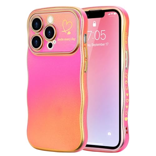 LCHULLE Kompatibel mit iPhone 13 Pro Max Hülle Liebesherz Mädchen Handyhülle Wellen Lockige Form mit erhoben Kameraschutz Luxus Galvanisierte Schutzhülle Case für iPhone 13 Pro Max Buntes Rosarot von LCHULLE