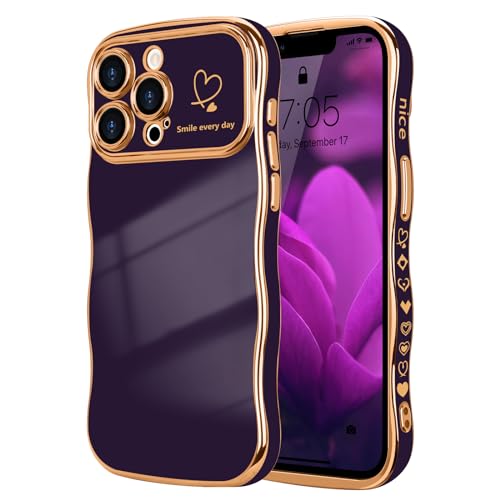 LCHULLE Kompatibel mit iPhone 13 Pro Max Handyhülle Liebesherz Mädchen Hülle Wellen Lockige Form mit erhoben Kameraschutz Luxus Galvanisierte Schutzhülle Girls Case für iPhone 13 Pro Max Dunkellila von LCHULLE