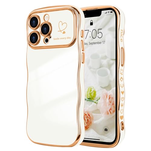 LCHULLE Kompatibel mit iPhone 13 Pro Max Handyhülle Liebesherz Mädchen Hülle Wellen Lockige Form mit erhoben Kameraschutz Luxus Galvanisierte Schutzhülle Girls Case für iPhone 13 Pro Max Weiß von LCHULLE