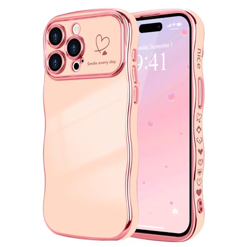 LCHULLE Kompatibel mit iPhone 14 Pro Handyhülle Liebesherz Mädchen Hülle Wellen Lockige Form mit erhoben Kameraschutz Luxus Galvanisierte Schutzhülle Girls Case für iPhone 14 Pro Rosa von LCHULLE