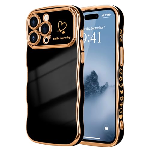 LCHULLE Kompatibel mit iPhone 14 Pro Max Handyhülle Liebesherz Mädchen Hülle Wellen Lockige Form mit erhoben Kameraschutz Luxus Galvanisierte Schutzhülle Girls Case für iPhone 14 Pro Max Schwarz von LCHULLE