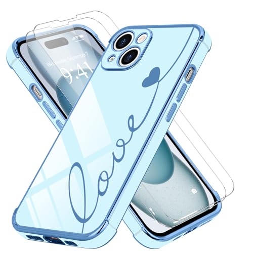 LCHULLE Kompatibel mit iPhone 15 Hülle Liebesherz [mit 2 Stück Glas Schutzfolie] Handyhülle Mädchen Kameraschutz Herz Schutzhülle Cute Love Silikon Case für iPhone 15 Blau von LCHULLE