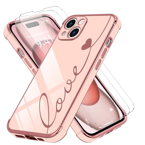 LCHULLE Kompatibel mit iPhone 15 Hülle Liebesherz [mit 2 Stück Glas Schutzfolie] Handyhülle Mädchen Kameraschutz Herz Schutzhülle Cute Love Silikon Case für iPhone 15 Rosa von LCHULLE