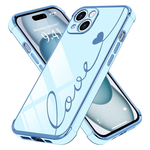 LCHULLE Kompatibel mit iPhone 15 Plus Hülle Liebesherz [mit 2 Stück Glas Schutzfolie] Handyhülle Mädchen Kameraschutz Herz Schutzhülle Cute Love Silikon Case für iPhone 15 Plus Blau von LCHULLE