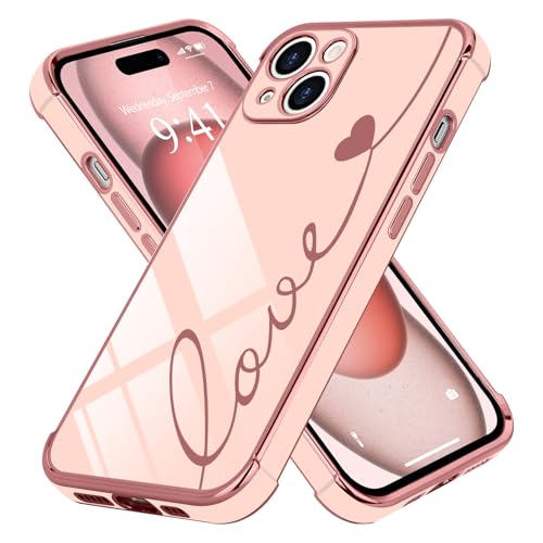 LCHULLE Kompatibel mit iPhone 15 Plus Hülle Liebesherz [mit 2 Stück Glas Schutzfolie] Handyhülle Mädchen Kameraschutz Herz Schutzhülle Cute Love Silikon Case für iPhone 15 Plus Rosa von LCHULLE